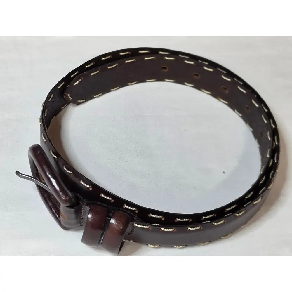 AL&C Another Line & Co Leather Belt Size 30 Brown Whip Stitch Made USA 1309